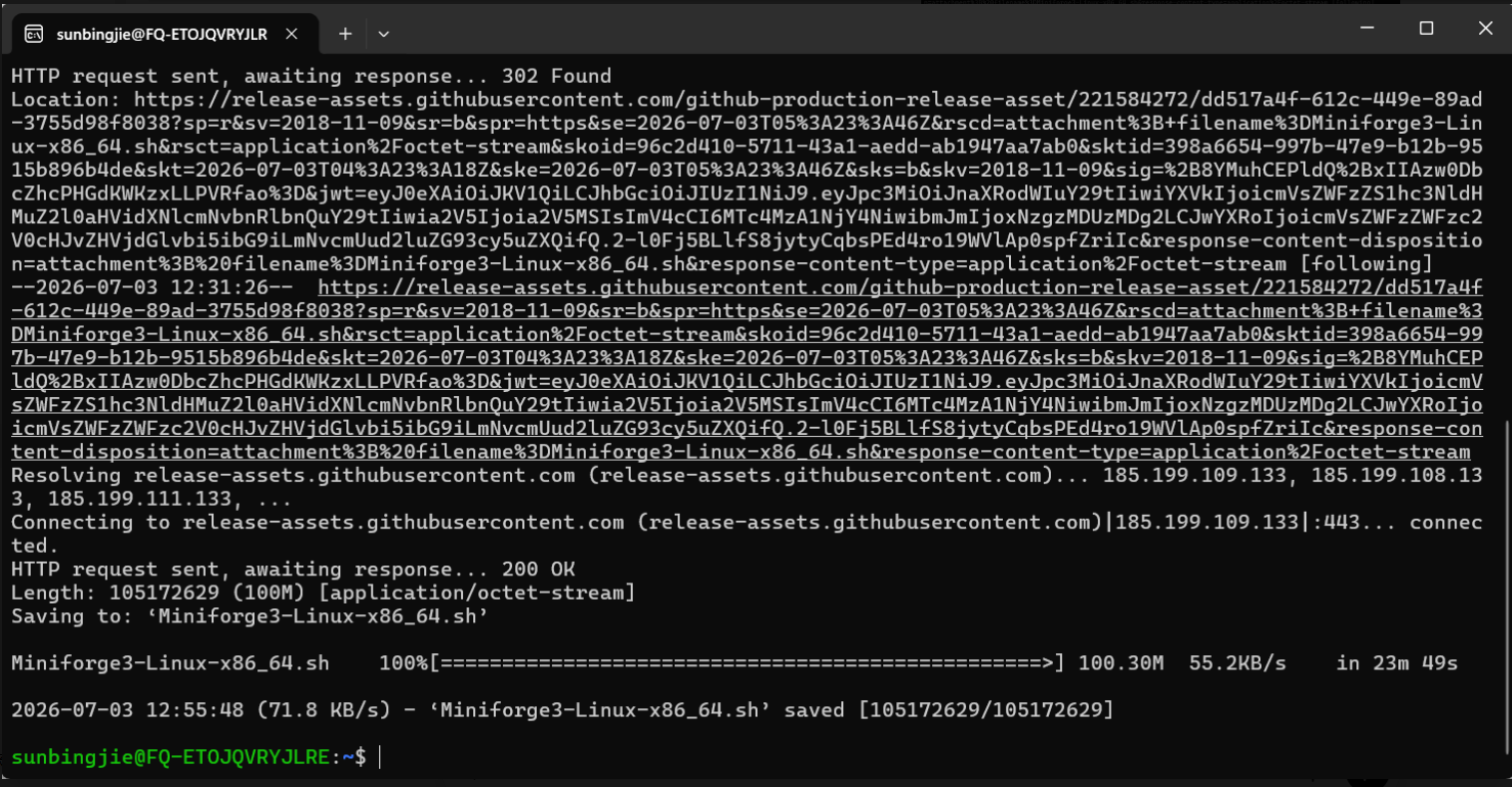 Miniforge 下载完成后的终端输出